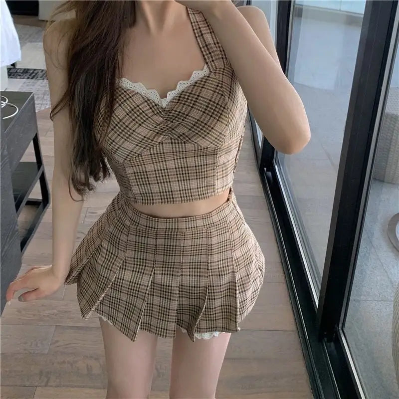 LIZAKOSHT  -  Sexy Skirt Set Women's Summer Plaid Halter Neck Tank Top High Waist Pleated Skirt Two-piece Set Fashion Female Clothes