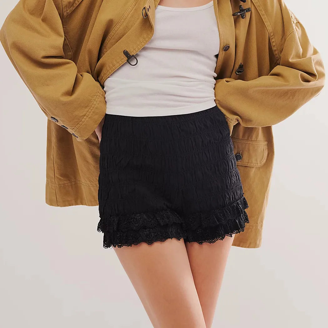 LIZAKOSHT  -  Y2K Women Ruffle Lace Trim Bloomers Y2k Smocked Boy Shorts Lolita Pumpkin Pants Cute Frill Ruched Bloom Micro Shorts