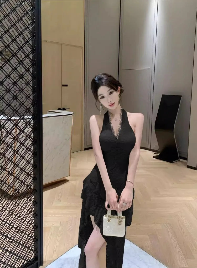 LIZAKOSHT  -  Dresses Women Elegant Sleeveless Lace Patchwork Irregular Slim Halter Backless Sexy Party Dress Sweet Clubwear Female