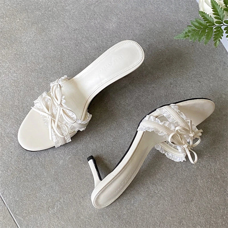 LIZAKOSHT  -  Summer Elegant Butterflykont Lace Edge Woman Slippers Fashion Thin High Heels Female Shoes Slides Zapatos De Mujer