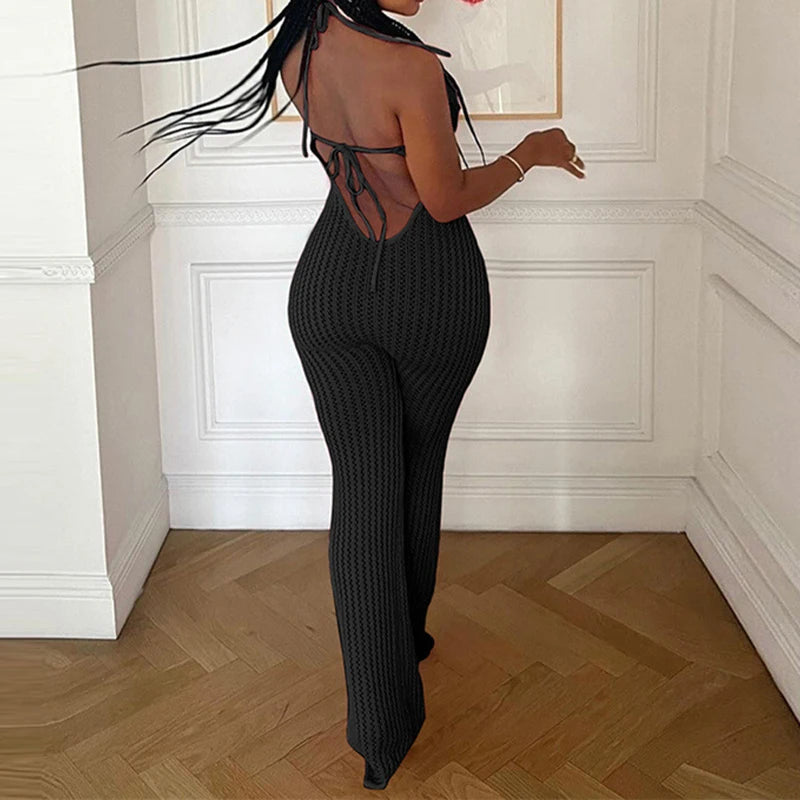 LIZAKOSHT  -  Knitted Halter High Elasticity See Through Halter Backless Solid Color Floral Appliques Club Street Low Cut Jumpsuit for Women
