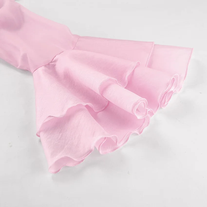 LIZAKOSHT  -  Summer Charm Pink Chiffon Sunscreen Coat Temperament Layered Ruffle V-neck Trumpet Short Women's Shirt
