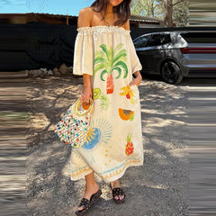LIZAKOSHT  -  Fruit Printed Loose Vacation Long Dress Leisure Slash Collar Half Sleeve Pocket Dress Summer New High Waist Pleat Linen Dresses
