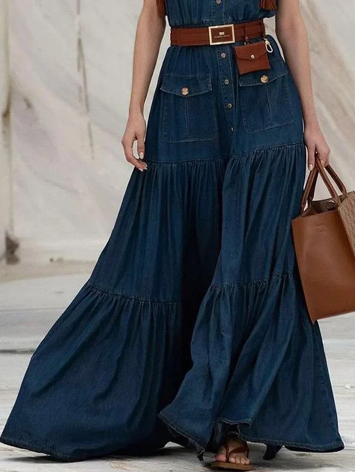 LIZAKOSHT  -  Women Fashion Demin Tank Dress Turn Down Coallr Vintage Pleated A-Line Summer Style Casual Retro High Street Pockets Dresses