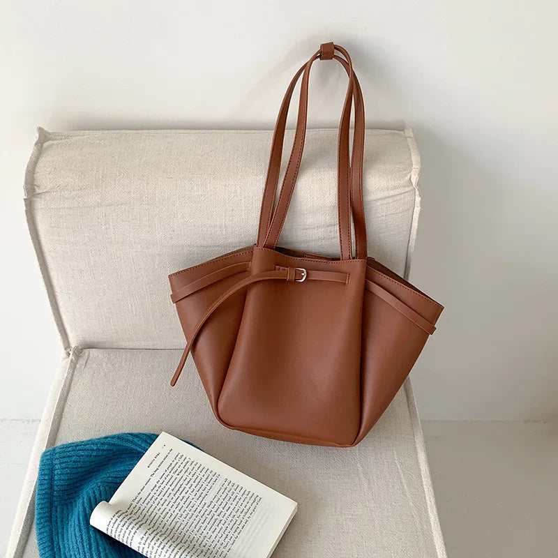 LIZAKOSHT  -  Soft PU Large Capacity Tote Bag Women Fashion Korean Style Commuter Shoulder Bag Solid Color Retro Minimalist Handbag