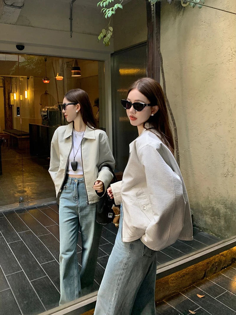 LIZAKOSHT  -  Reversible Jacket Women Spring Fall Simple Vintage Striped Baseball Zipper Chic Golf Outwear Harajuku Classic Commute Tops