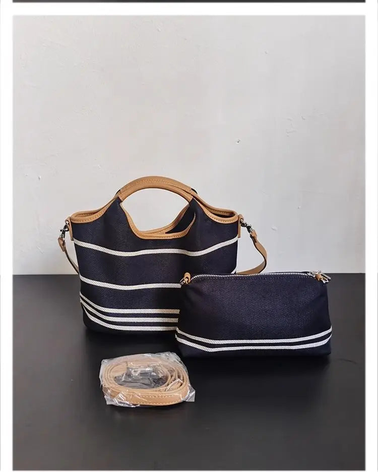 LIZAKOSHT  -  Retro Blue Stripe Handbag Women Color Block Large Capacity Shoulder Bags Ladies Fashion Casual Versatile Commute Crossbody Bags