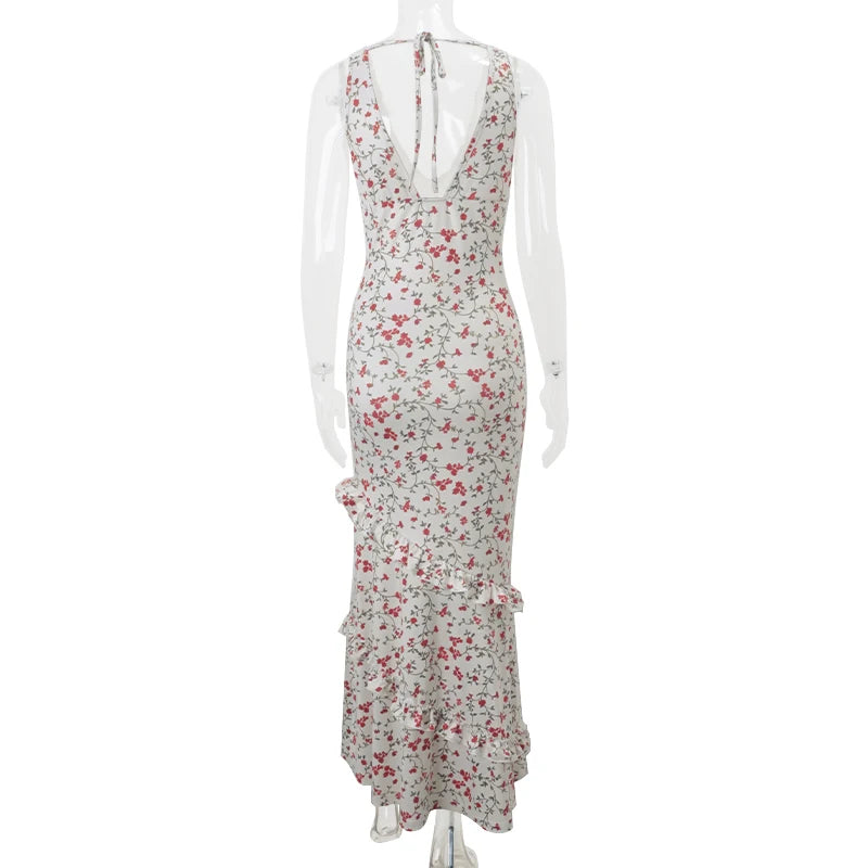 LIZAKOSHT  -  Floral Print Sexy V Neck Ruffles Elegant Bodycon Maxi Dresses Spring Fashion Holiday Streetwear Party Women Vestidos