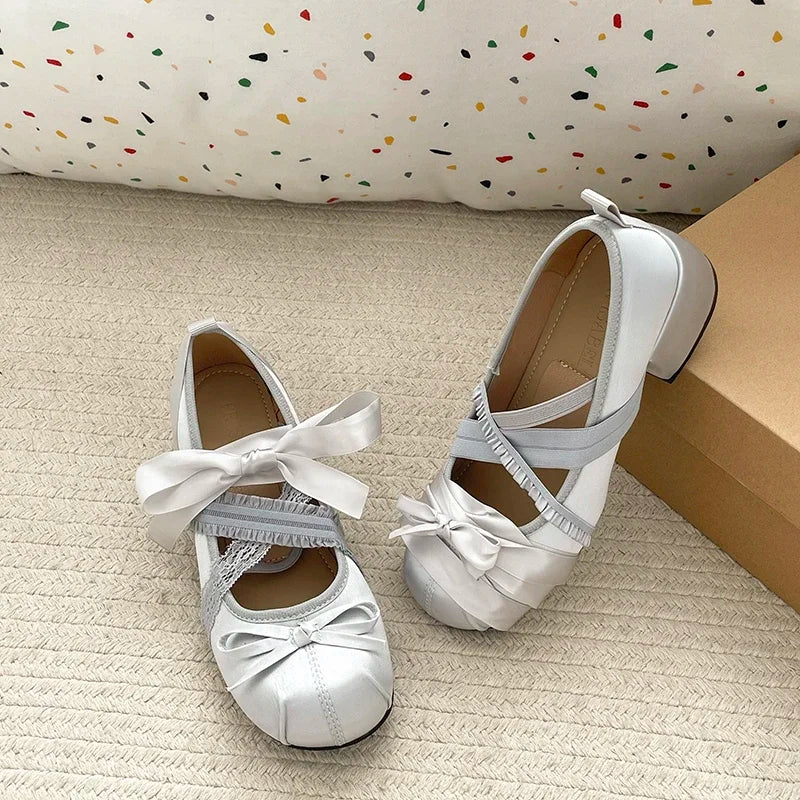 LIZAKOSHT  -  Lace Cross Strap Women Mary Jane Shoes Fashion Sweet Butterfly-knot Thick Heel Shoes Spring Autumn Ladies Elegant Dress Pumps