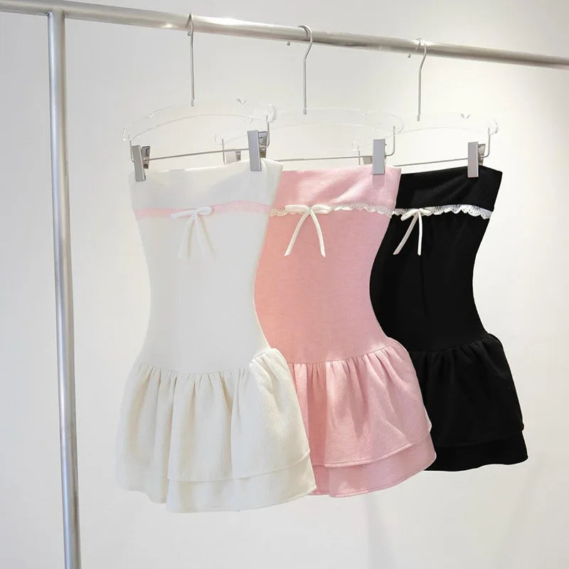 LIZAKOSHT  -  European American Style Summer New Women's Cloth Contrasting Color Splicing One-word Collar Chest-wrapped Ruffle Edge Slim Dress