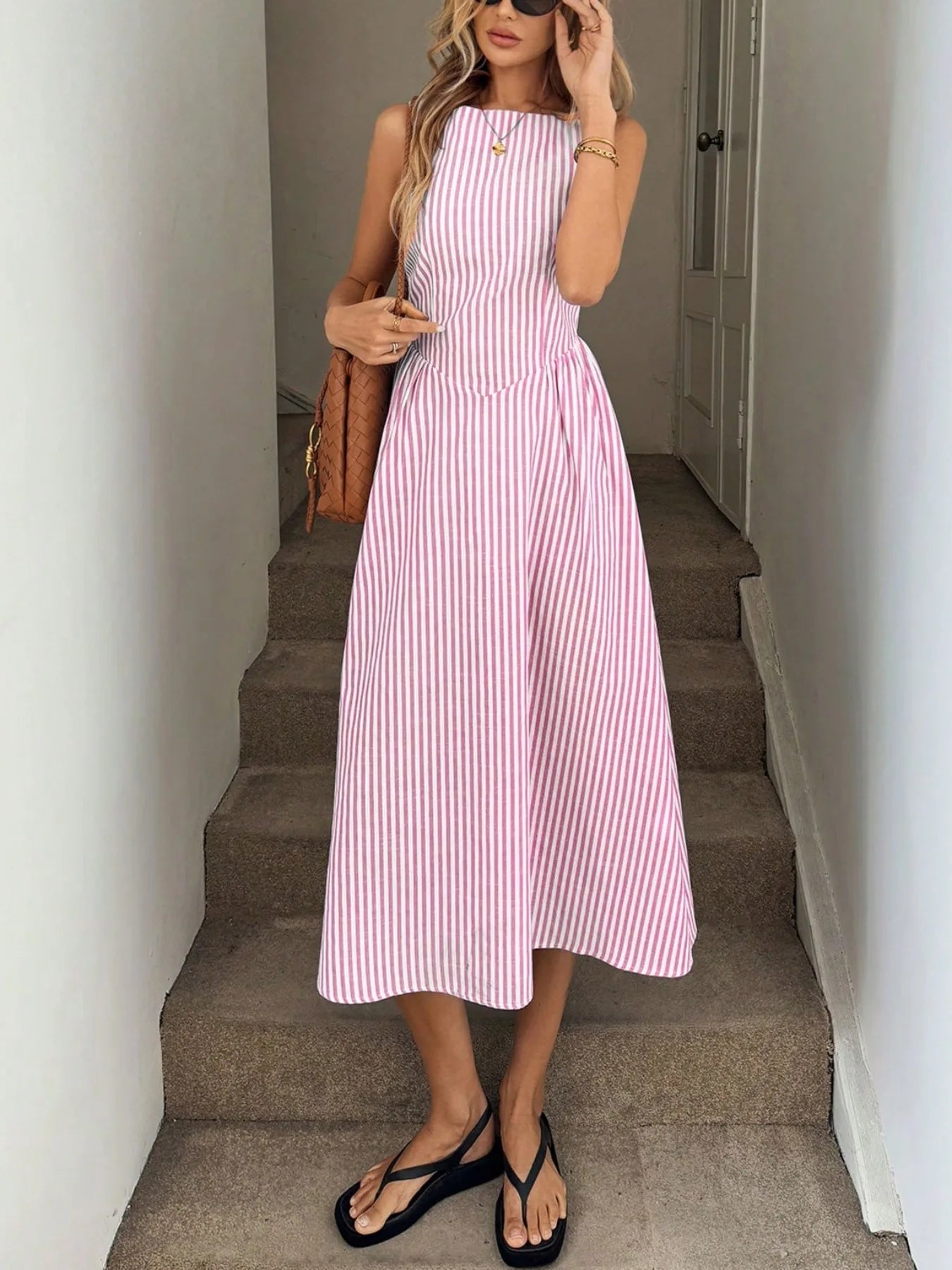 LIZAKOSHT  -  Women's Sleeveless Vertical Striped Midi Dress Elegant High Waist A-Line Vacation Dress
