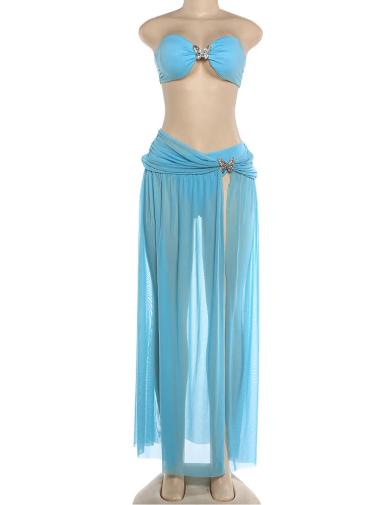 LIZAKOSHT  -  Women Sexy 3 Piece Set Metal Buckle Bow Bra+Shorts+Mesh Ruched Slit See Through Skirts Beach Vacation Party Clubwear
