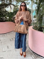 LIZAKOSHT  -  Women's Rushed Regular Shirt Puff Sleeve O-neck With Button Solid Loose Blouses Autumn Minimalist All-match Fashion Outwear