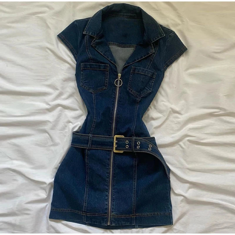LIZAKOSHT  -  Fashion Denim Short Dress For Women Turn-down Collar Sleeveless Zipper Belt Vestidos 2025 Summer Elegant Female Casual Dresses