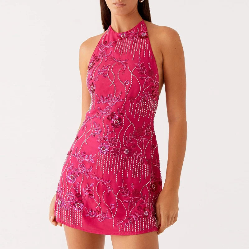LIZAKOSHT  -  Fashion Print Beading Short Dress For Women Halter Sleeveless Lace Up Backless  Vestidos 2025 Summer Elegant Lady Beach Dresses