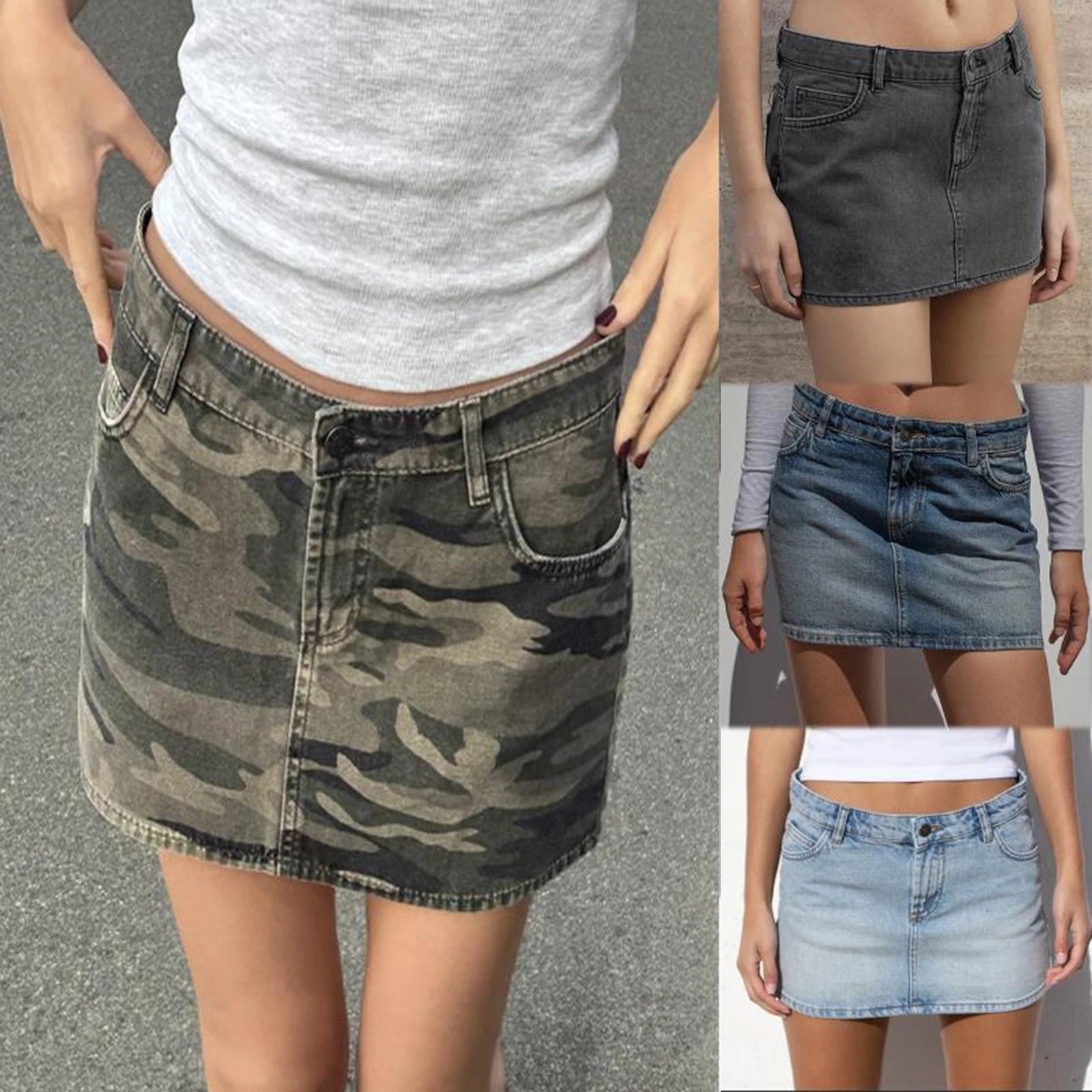 LIZAKOSHT  -  Women Coquette Low Rise Denim Mini Skirt Preppy Cute Y2K Short Jean Skirts 90s Vintage Grunge Slim Fit Pencil Skirt with Pockets