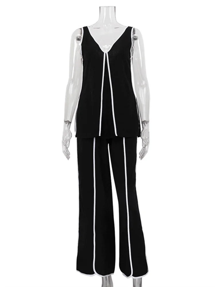 LIZAKOSHT  -  Clashing Colors Tank Tops And Pant 2 Piece Sets For Women Fashion V Neck Sleeveless Pullover Top Lace Up Loose Pant Suit