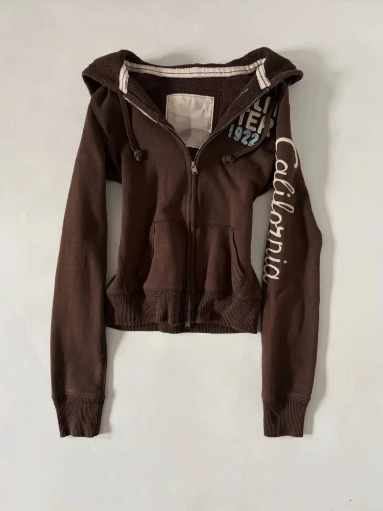 LIZAKOSHT  -  Y2k Aesthetic Letter Embroidery Vintage Coats Streetwear Women Casual Hooded Autumn Jackets Harajuku Pocket Grunge Casual Jacket