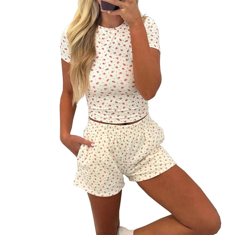 LIZAKOSHT  -  Lounge Outfit Set Women Coquette Clothing Floral Print Short Sleeve T-Shirt Shorts with Pockets 2 Piece Set Clothes