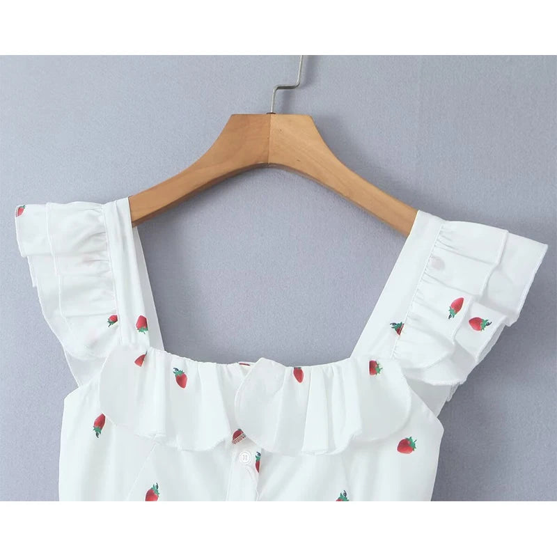 LIZAKOSHT  -  Women French Front Button Strawberry Print White Sexy Elegant Dress Flying Sleeve Square Neck Female Summer  Party Robe
