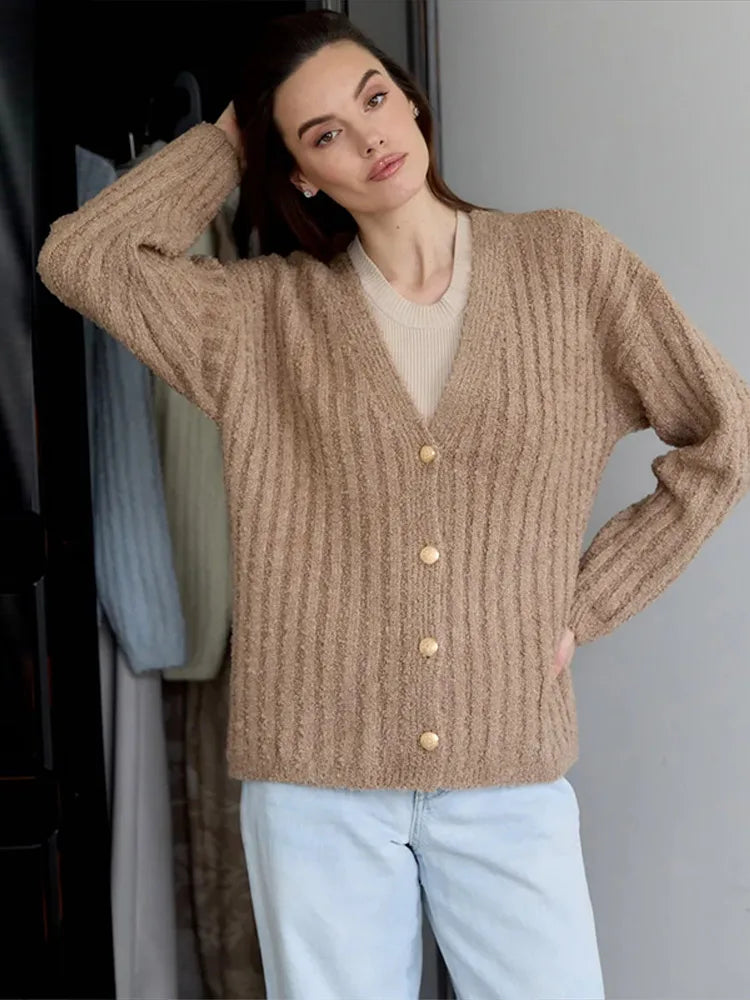 LIZAKOSHT  -  Furry Knitted Sweater Women Single Breasted Casual Solid V-neck Long Sleeve Loose Cardigans Autumn Soft Lady Tops Sweaters