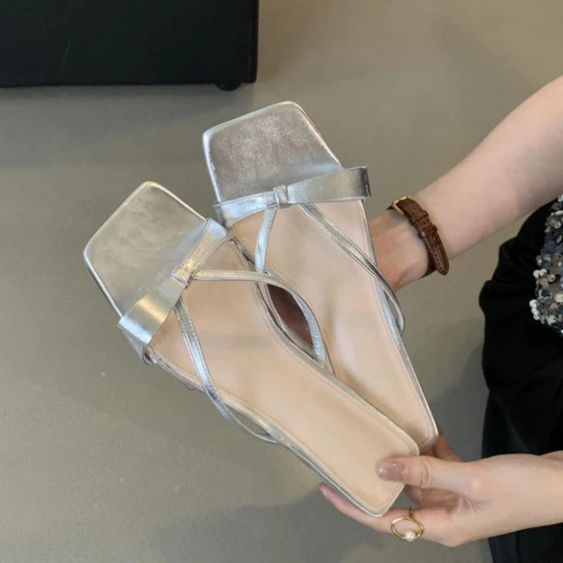 LIZAKOSHT  -  Sweet Narrow Strap Low Heeled Women Slippers Fashion Bowknot Backless Brand Sandals 2025 Elegant Party Designer Beach Shoe Pumps
