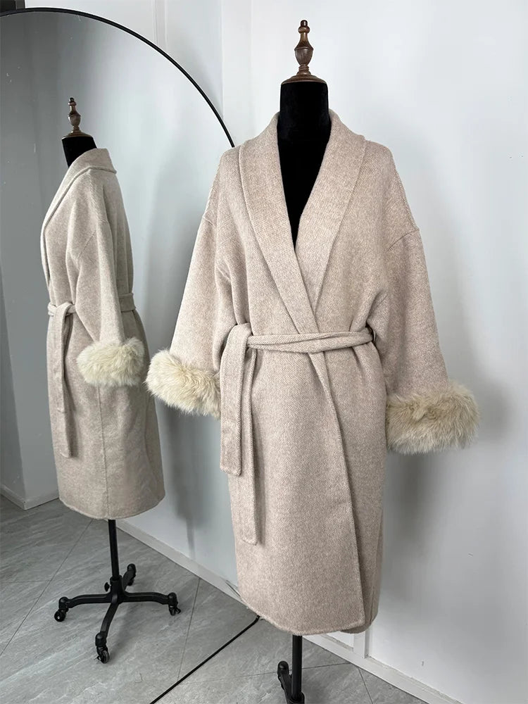 LIZAKOSHT  -  Fox Fur Woolen Women's 2025 Autumn Coat Fashion Patchwork Double-Sided Wool Overcoat Commuter New Elegant Office Jacket