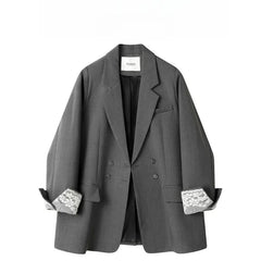 LIZAKOSHT  -  Women Double-breasted Blazers Elegant Lace Patchwork Cuffs Design Large Lapel Jacket Versatile Office Casual Loose Outer Coats