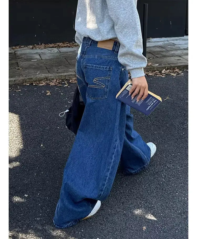 LIZAKOSHT  -  Washed American Style Wide Leg Jeans High Waist Straight Cut Commute Elegant High Quality Cotton Polyester Blend No Stretch