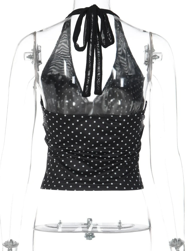 LIZAKOSHT  -  Woman Clothing Halter Neck Polka Dot Tank Tops 2026 Summer Casual Sexy Sleeveless Mesh Patchwork Corset Camisoles Black T-shirt
