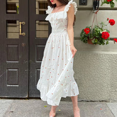 LIZAKOSHT  -  Women French Front Button Strawberry Print White Sexy Elegant Dress Flying Sleeve Square Neck Female Summer  Party Robe