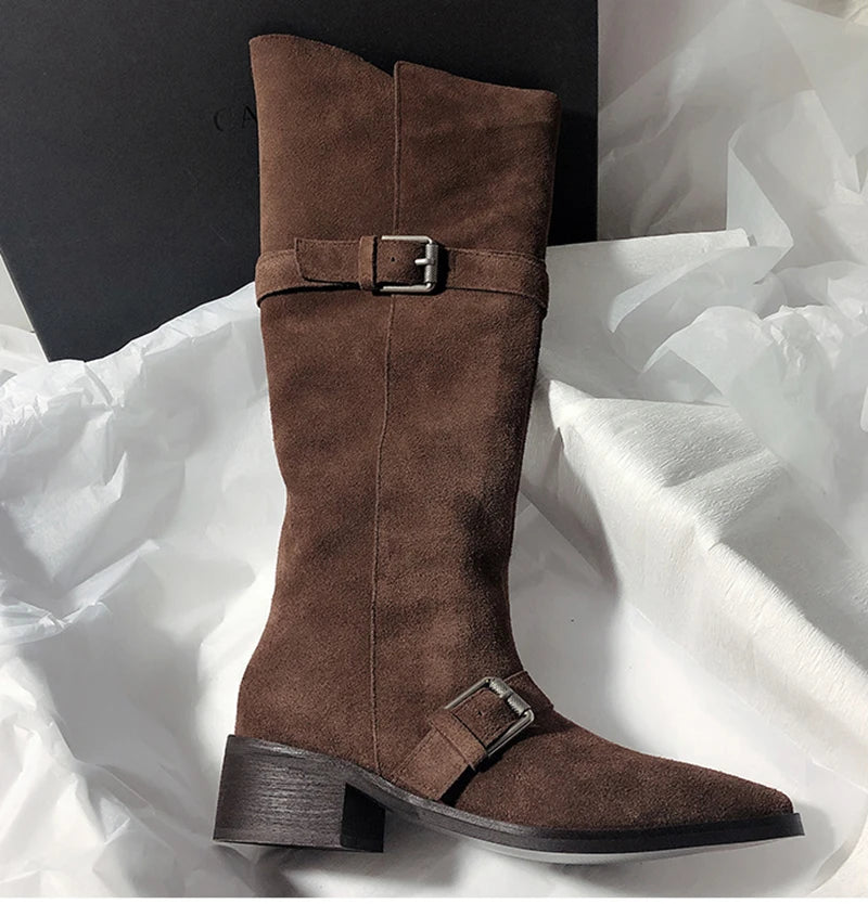 LIZAKOSHT  -  Fashion Vintage Women Western Knee High Boots Fashion Winter Belt Buckle Stripper Party Shoes Zapatos De Mujes