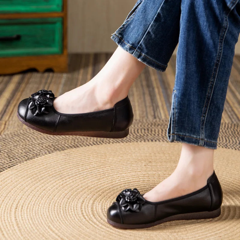 LIZAKOSHT  -  New Autumn Retro Mom Flats Floral Loafers Leather Ballet Flats Woman Non Slip Moccasins Ethnic Style Women's For Shoes