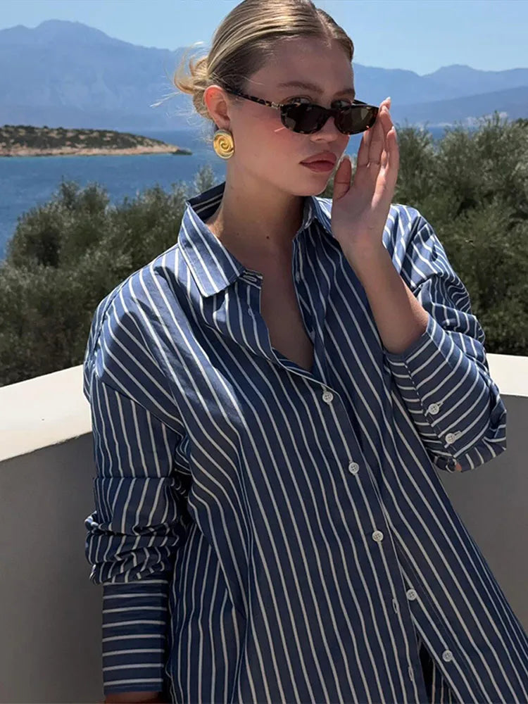 LIZAKOSHT  -  Casual Striped Shorts Suits Women Loose Lapel Long Sleeves Single Breasted Shirts Set Female 2025 Summer Fashion Chic Sets Lady
