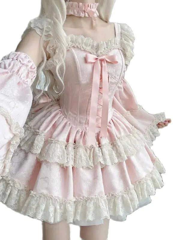 LIZAKOSHT  -  Japan Sweet Lolita Jsk Dress Women Elegant Ruffles Lace Bandage Princess Strap Dresses Girls Y2k Kawaii Tea Party Mini Dress