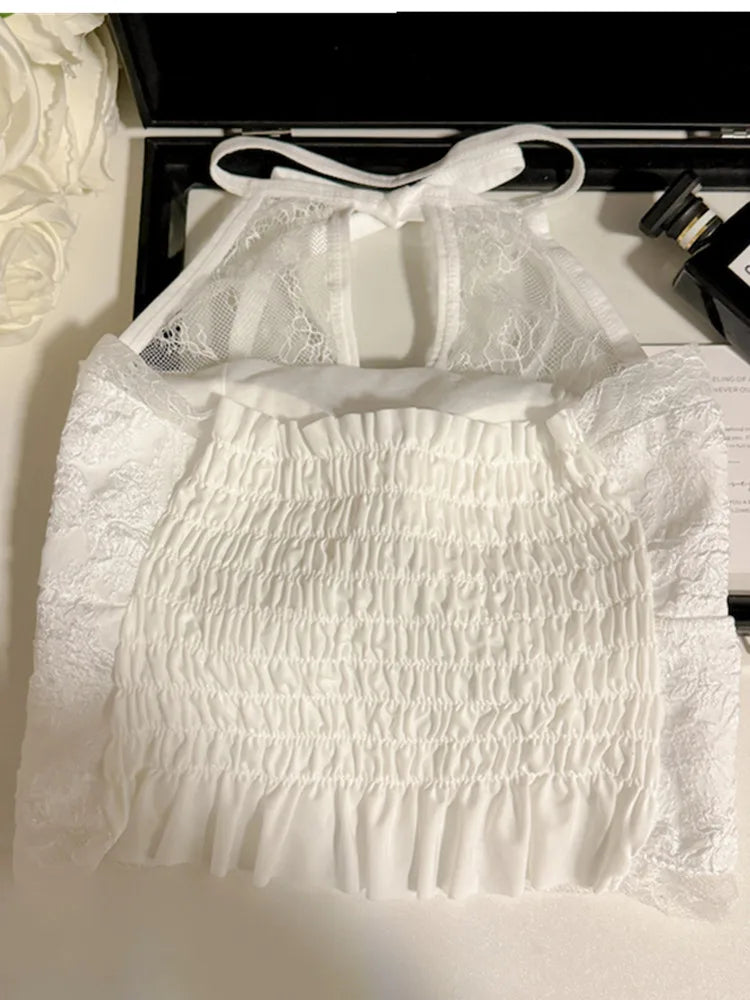 LIZAKOSHT  -  Summer New Lace Neck Hanging Strap Small Vest Sexy Desire Style Outer Wear Sexy Back White Top