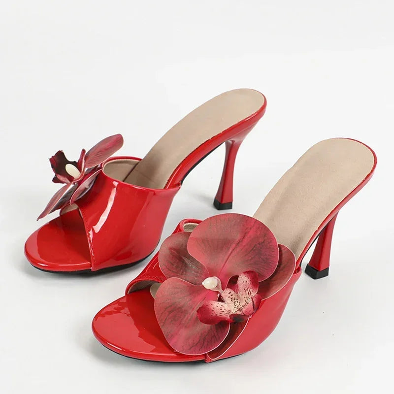 LIZAKOSHT  -  Fashion Flower Slippers Women Up Size 42 43 Designer High Heels Sandals Female Patent Leather Open Toe Slides Sandalias De Mujer
