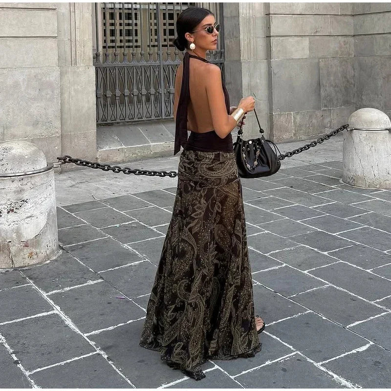LIZAKOSHT  -  Fashion Print Long Skirt Women High Waist Ankle-length Loose Swing Skirt 2025 Summer Fashion Female Vacation Streewear Outerwear