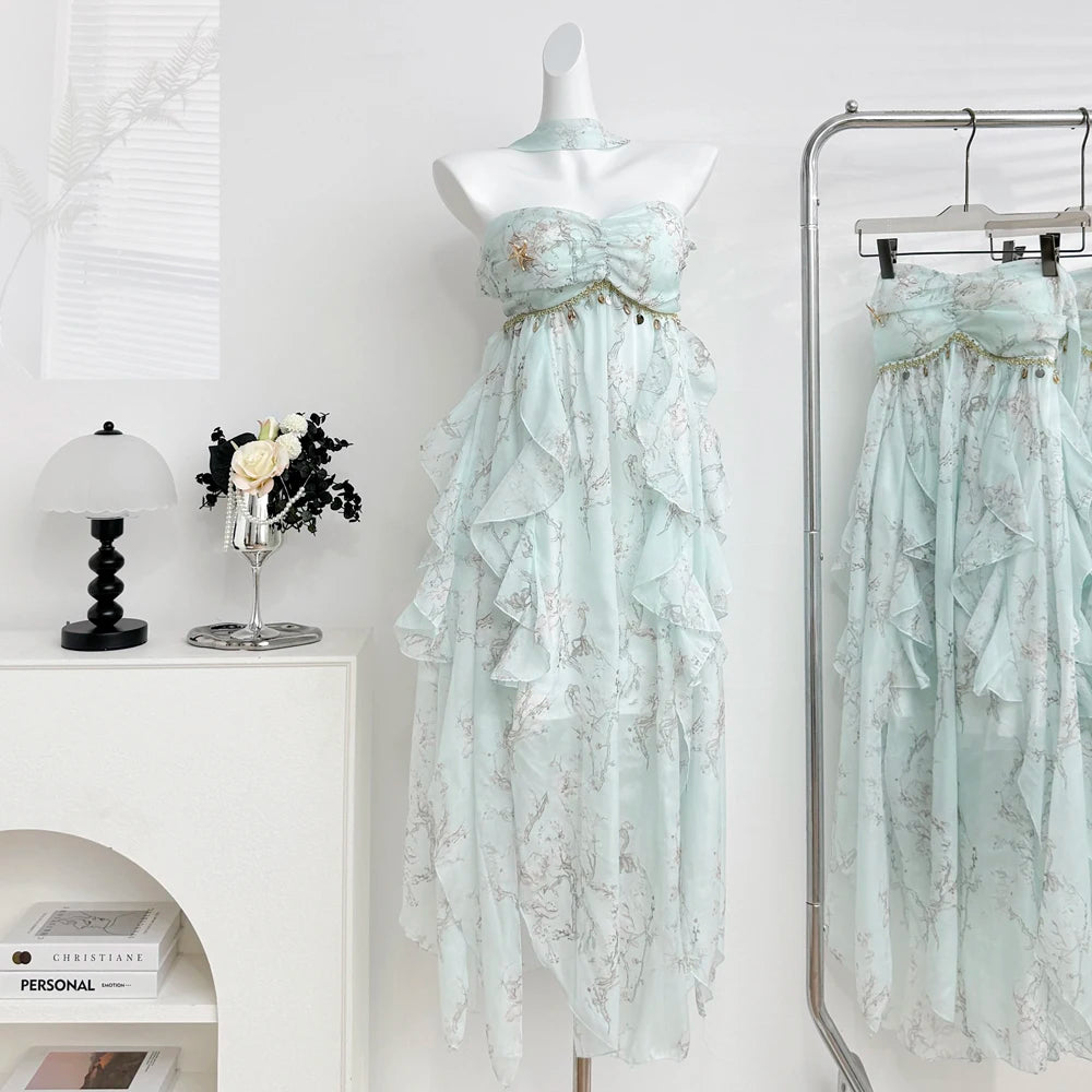 LIZAKOSHT  -  Sweet Lolita Chiffon Midi Dress Women Floral Print Ruffle Layered Halter Strapless Beach Vacation Japanese Fashion Casual Outfit