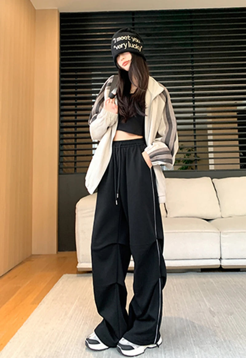 LIZAKOSHT  -  American Sweatpants Women  Fall Chic Fashion Casual Wide-Leg Pants Straight Parachute Loose Side Striped Soild Cargo Trousers