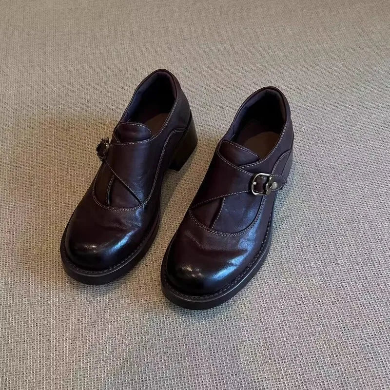 LIZAKOSHT  -   Retro British Style Women Loafers Round Toe Slip on Belt Buckle Block Heel Leather Shoes Versatile Daily Office Commute Footwear