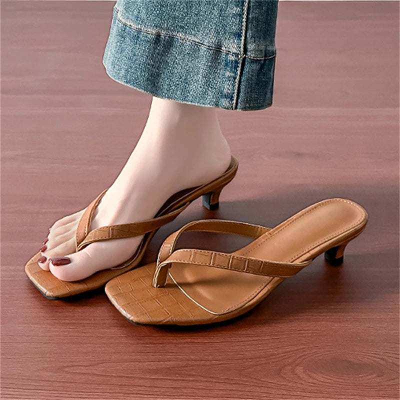 LIZAKOSHT  -  Summer Fashion Square Clip Toe Thin Low Heels Women Slippers Elegant Flip Flops Ladies Shoes Outdoor Casual Sandals