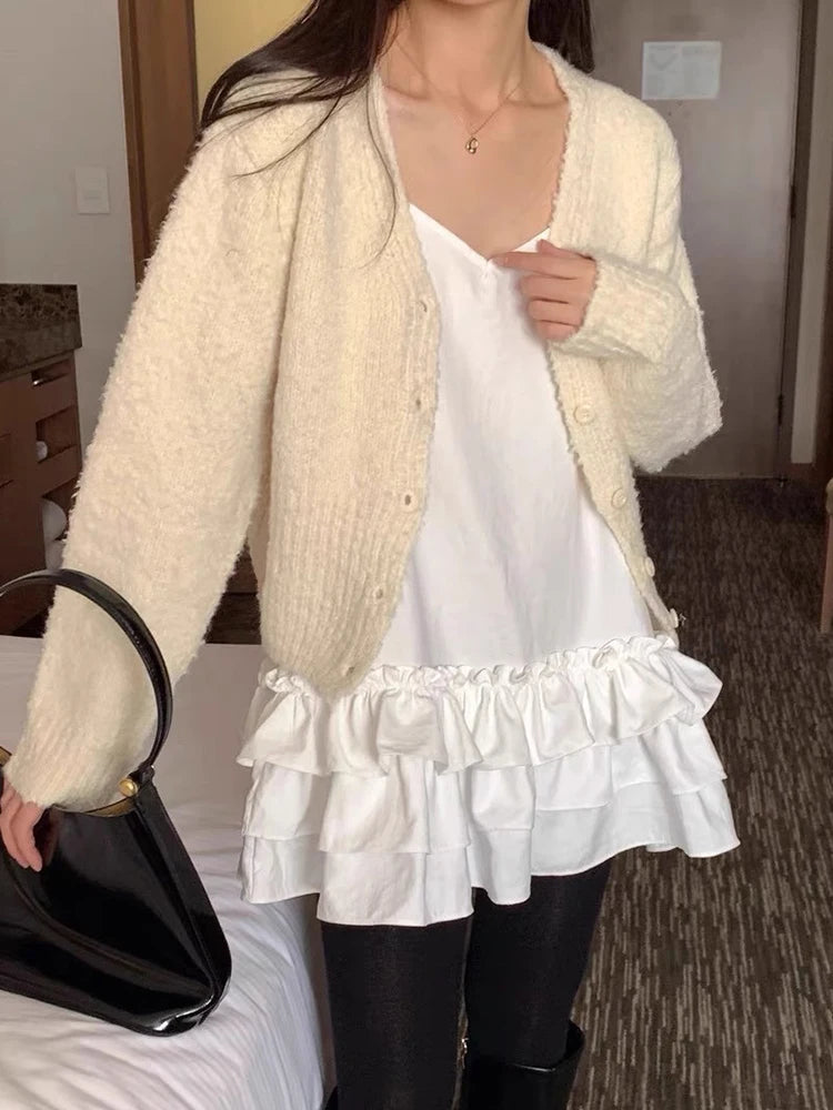 LIZAKOSHT  -  South Korea Chic Dress Spring French Temperament V-neck Loose Casual Splicing Layer Ruffled Halter Blouse Woman Dresses