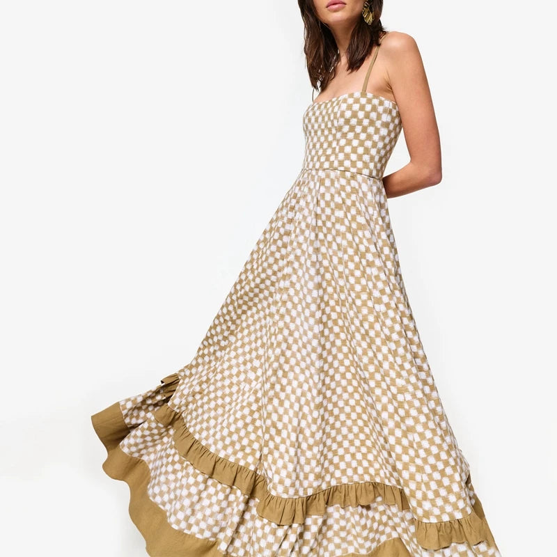 LIZAKOSHT  -  Boho Beach Vintage Plaid A-line Dress Checkerboard Print Ruffles Trim Flowy Dress Women Spaghetti Strap Maxi Dress