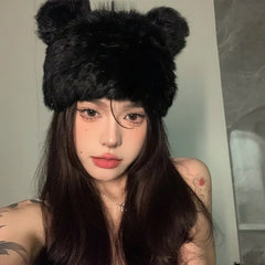 Lizakosht Korean Black Bear Ears Rabbit Fur Hat Cute Plush Wrap Head Cap Cold Warm Fur Caps