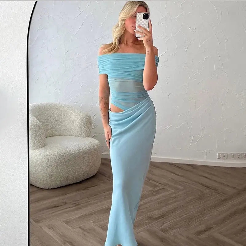 LIZAKOSHT  -  Elegant Sexy Long Dress Women Off Shoulder Hollow Out Sleeveless Patchwork Mesh Robe Female 2025 Spring Summer Chic Solid Robe
