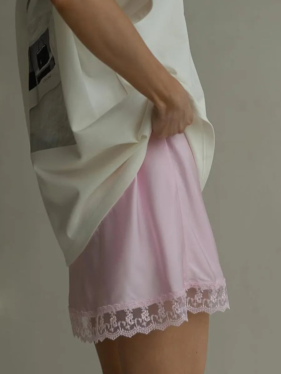 LIZAKOSHT  -  New Chic Lace Patchwork Pink Skirts Women's Summer Zip-up Slim Satin Skirt Female Casual Short Dress Y2K Streetwear