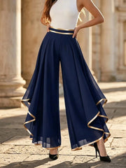 LIZAKOSHT  -  Summer Women Elegant High Waist Pants Fashion Gold Trim Flowy Spliced Layered Hem Casual Wide Leg Pants Lady Loose Pants