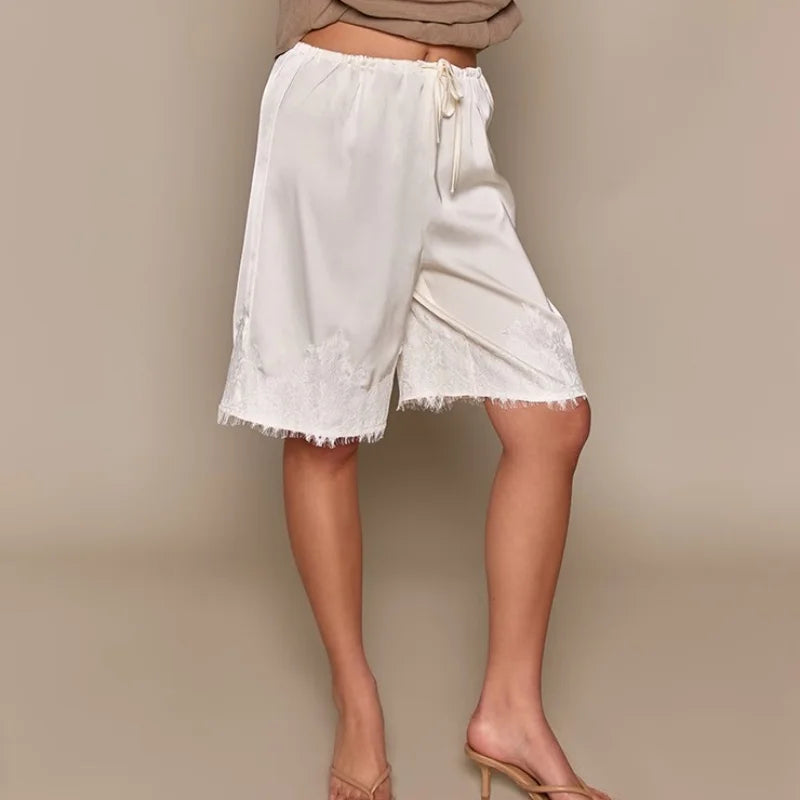 LIZAKOSHT  -  Women Satin Lace Trim Capri Pants Elastic Waisted Wide Leg Cropped Pants Slips Satin Bloomer Pettipants Shorts Y2k Streetwear