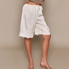 LIZAKOSHT  -  Women Satin Lace Trim Capri Pants Elastic Waisted Wide Leg Cropped Pants Slips Satin Bloomer Pettipants Shorts Y2k Streetwear